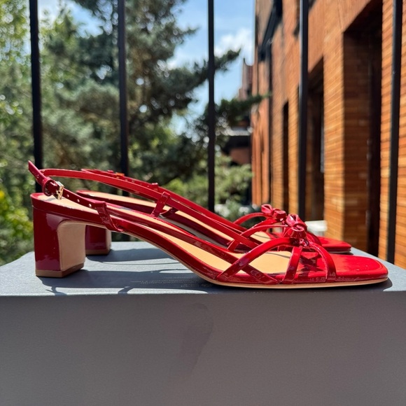 New Reformation Sally Bow Heeled Sandal Mule Shoes Red Scarlet Patent 9.5 - Picture 14 of 15